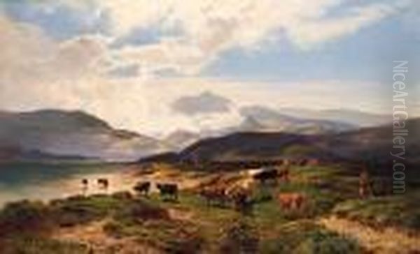 A Drover With Cattle In A Mountainous Landscape Oil Painting by Sidney Richard Percy