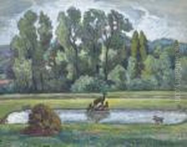 Piece D'eau Dans Un Parc Oil Painting by Jean Misceslas Peske