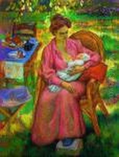 Maternite Au Jardin (l'epouse De L'artiste) Oil Painting by Jean Misceslas Peske