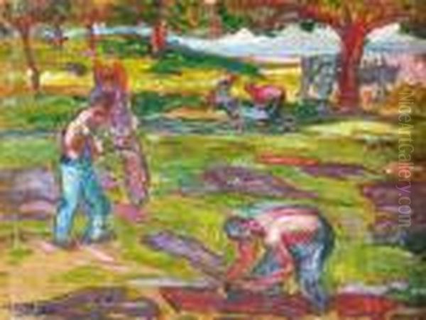 Les Bucherons (au Dos : Paysage) Oil Painting by Jean Misceslas Peske