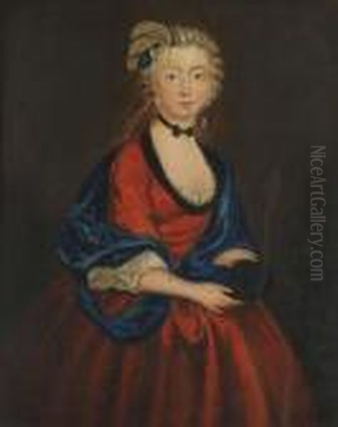 Portrait Of A Lady, Small 
Standing Three-quarter-length, In A Red Dress With A Blue Wrap, Holding A
 Mask Oil Painting by Antoine Pesne