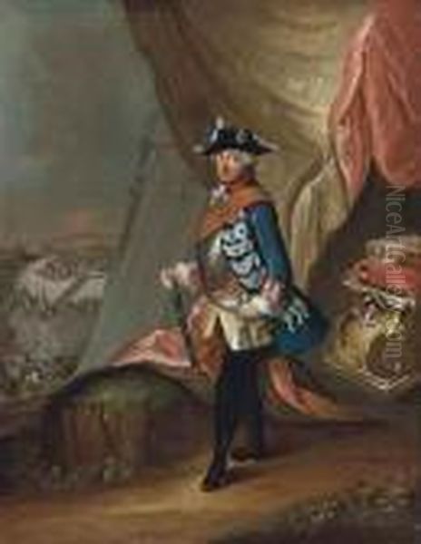 Portrait Of Frederick Ii Of 
Prussia (1712-1786), Full-length, Inmilitary Uniform, A Baton In His 
Right Hand, Standing In Alandscape, A Battle Beyond Oil Painting by Antoine Pesne