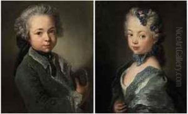Portrait Of The Artist's 
Grandson, Bust-length, In A Fur-linedgreen Coat, Holding A Tricorne; And
 Portrait Of The Artist'sgrand-daughter, Bust-length, In A White Dress 
With A Blue Mantle, Ablue Ribbon And A Flowered Headdress Oil Painting by Antoine Pesne
