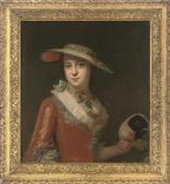 Portrait Of A Lady, Half-length,
 In A Red Embroidered Dress, And Astraw Hat, A Mask In Her Left Hand Oil Painting by Antoine Pesne