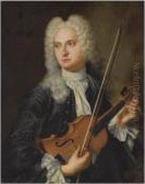 Portrait Of A Musician, Half 
Length, Wearing A Blue Coat With Awhite Chemise, Tuning His Violin Oil Painting by Antoine Pesne