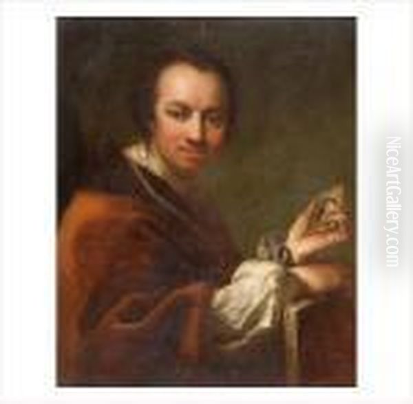 Portrait D'un Artiste Tenant Une
 Miniature De La Main Gauche, La Main Droite Appuyee Sur Une Toile 
Preparee. Oil Painting by Antoine Pesne