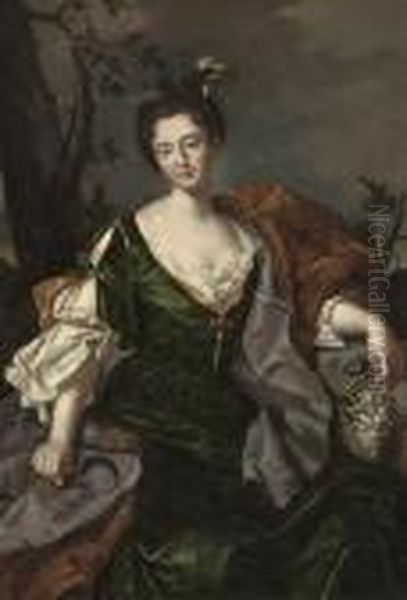 Portrait Of A Lady, 
Three-quarter-length, As Ceres, In Green Classical Dress And Brown Wrap,
 A Bunch Of Grapes In Her Left Hand, A Sickle In Her Right Oil Painting by Antoine Pesne