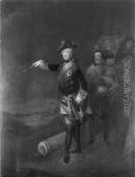 Nachfolge Bildnis Konig 
Friedrich Ii. Von Preussen. Stehend, In Der Rechten Den Feldherrnstab 
Haltend, Die Linke Am Degengriff. Ol Auf Leinwand, Auf Spanplatte 
Aufgezogen. H 103; B 80 Cm Oil Painting by Antoine Pesne