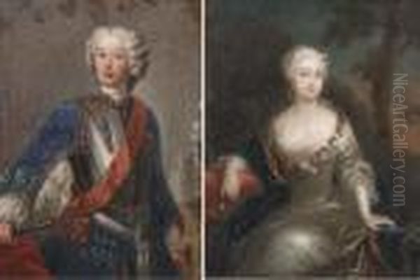 Portrait Of A Gentleman, 
Three-quarter-length, In A Blue Coat Witha Breastplate, Holding A Baton 
In His Right Hand, A Battlefieldbeyond; And Portrait Of A Lady, Seated, 
Three-quarter-length, In Asilk Grey Dress And Blue Shawl, In A Landscape Oil Painting by Antoine Pesne