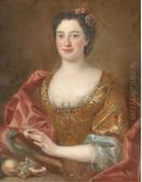 Portrait Of A Lady, Half-length,
 Wearing A Gold-embroidered Dressand Feeding Fruit To A Parrot Oil Painting by Antoine Pesne