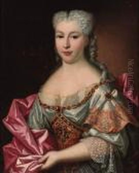 Portrait Of A Lady, Half-length,
 Wearing A White Embroided Dresswith Lace Trim And A Pink Wrap Oil Painting by Antoine Pesne