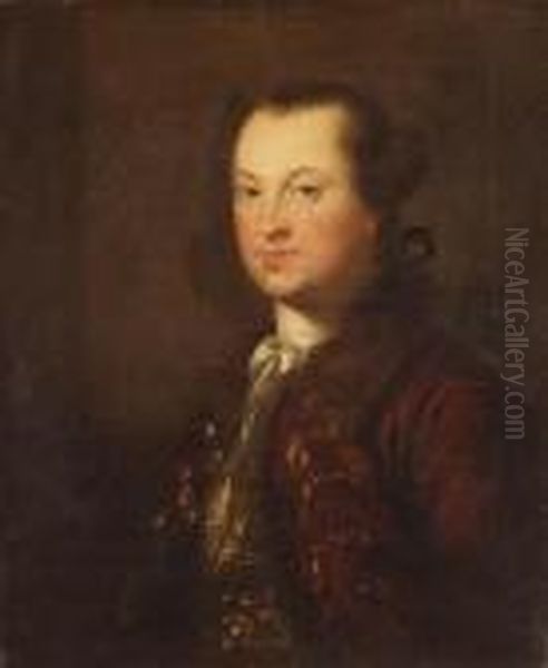Portrait Of A Gentleman, Half 
Length, Wearing A Maroon Jacket Witha Fur Collar And White Cravat Oil Painting by Antoine Pesne