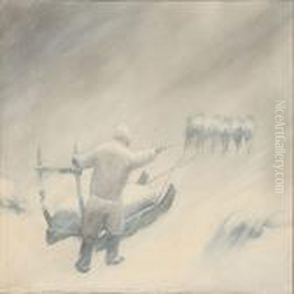 Inuit With A Dog Sledge In A Snow Storm Oil Painting by Emanuel A. Petersen