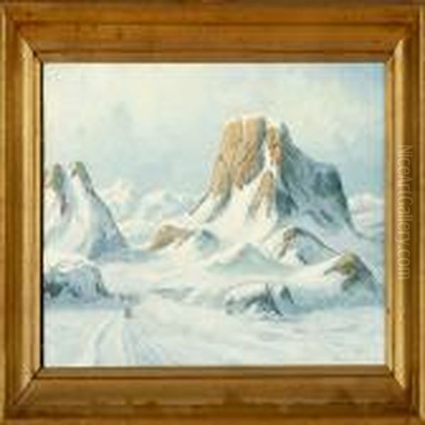 A Greenlandiclandscape With Sleighs Through The Mountains Oil Painting by Emanuel A. Petersen