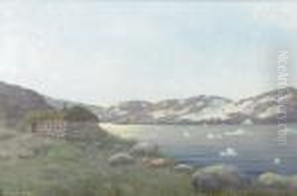 Bosattning Vid Julianehaabsfjorden, Gronland. Signerad Och Daterad 1921. Duk, 39x58 Oil Painting by Emanuel A. Petersen