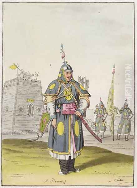 Chinese soldier in full battle dress, illustration from Le Costume Ancien et Moderne by Giulio Ferrario, published c.1820s-30s Oil Painting by Antonio Rancati