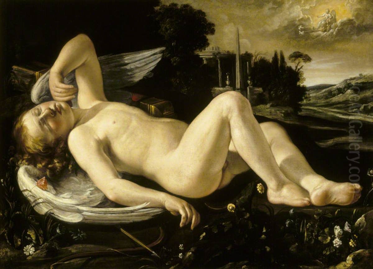 Cupid Asleep Approached by Venus in her Chariot Oil Painting by Orazio Riminaldi