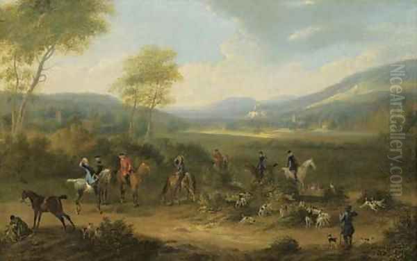 A Hunting Party With Hounds In An Extensive River Landscape Oil Painting by James Ross