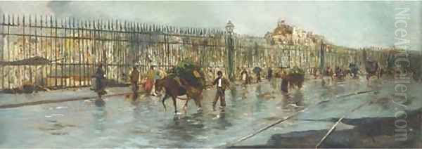 A bustling Italian street Oil Painting by Oscar Ricciardi