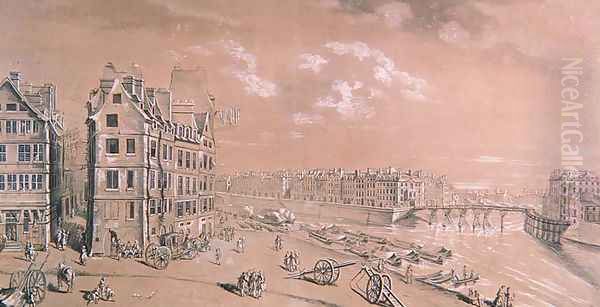 The Ile Saint-Louis and the corn docks from the Place de Greve, c.1757 Oil Painting by Nicolas Raguenet
