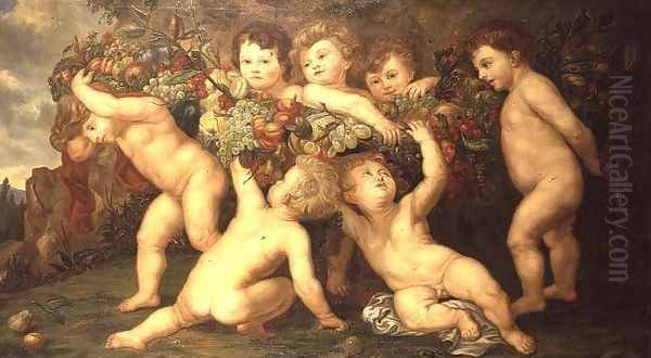 Putti playing with garlands of fruit Oil Painting by (studio of) Rubens, Peter Paul
