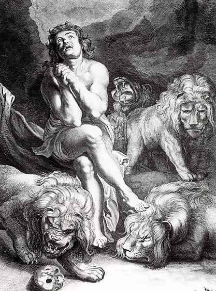 Daniel in the Lions Den, engraved by Abraham Blooteling 1640-90 Oil Painting by (studio of) Rubens, Peter Paul