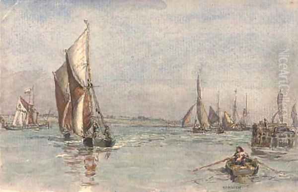 Fishing boats running into the harbour at Harwich Oil Painting by Henry Robert Robertson