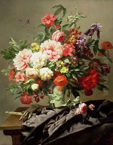 Peonies, Poppies and Roses, 1849 Oil Painting by Henri Robbe