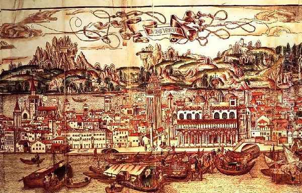 Perspective view of Venice detail from Opusculum Sanctatum Peregrinationum in Terram Sanctam, by Bernard von Breydenbach, Mainz, 1486 Oil Painting by Erhard Reuwich