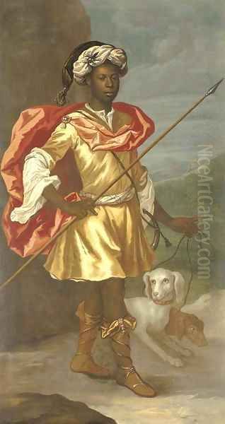 Portrait of a Moorish servant, full-length, in classical hunting dress and a turban, with a couple of hounds Oil Painting by Jonathan Richardson