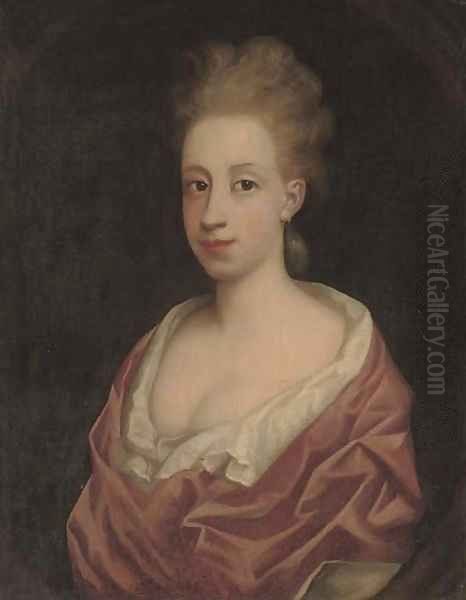 Portrait of a lady, bust-length, in a white dress and pink wrap, in a feigned oval Oil Painting by Jonathan Richardson