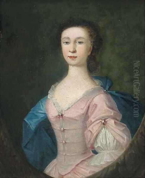 Portrait of Alice Bill, half-length, in a pink dress and blue wrap, in a feigned oval Oil Painting by Jonathan Richardson