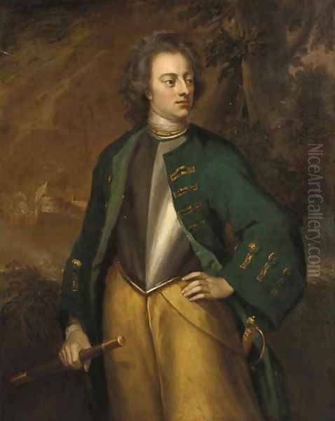 Portrait of a gentleman, standing three-quarter-length, in a green coat and breastplate, holding a baton, a battle raging beyond Oil Painting by Jonathan Richardson