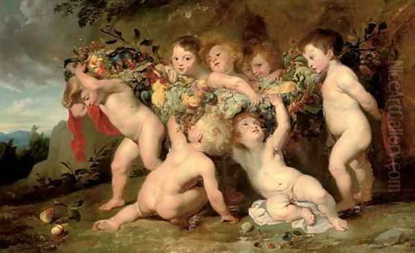 Putti carrying a swag of fruit in a landscape Oil Painting by (studio of) Rubens, Peter Paul
