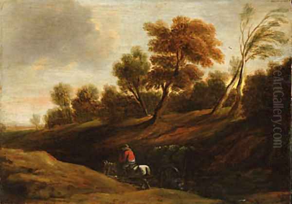 A wooded landscape with a peasant on a cart-horse Oil Painting by (studio of) Rubens, Peter Paul