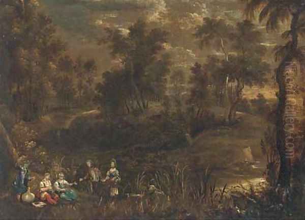 A wooded river landscape with elegant company in the foreground Oil Painting by (studio of) Rubens, Peter Paul