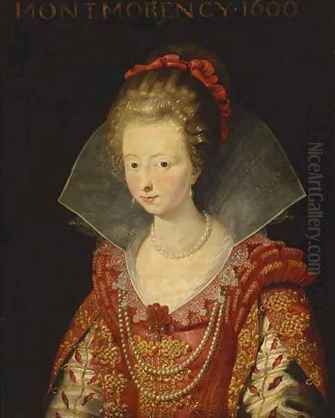 Portrait of Charlotte-Marguerite de Montmorency, Princess of Conde , bust-length, in a red dress with slashed sleeves and a white ruff, and red ribbon Oil Painting by (studio of) Rubens, Peter Paul