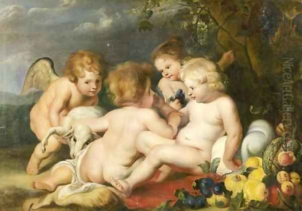 The Infant Christ and the Infant Saint John the Baptist seated in a landscape attended by Angels Oil Painting by (studio of) Rubens, Peter Paul
