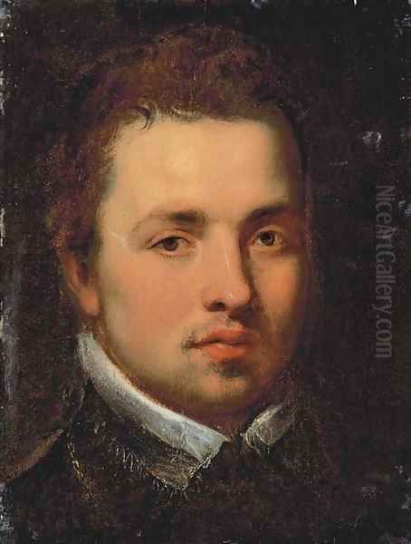 Portrait of a gentleman, bust-length, in a black doublet with a white lace collar Oil Painting by (studio of) Rubens, Peter Paul