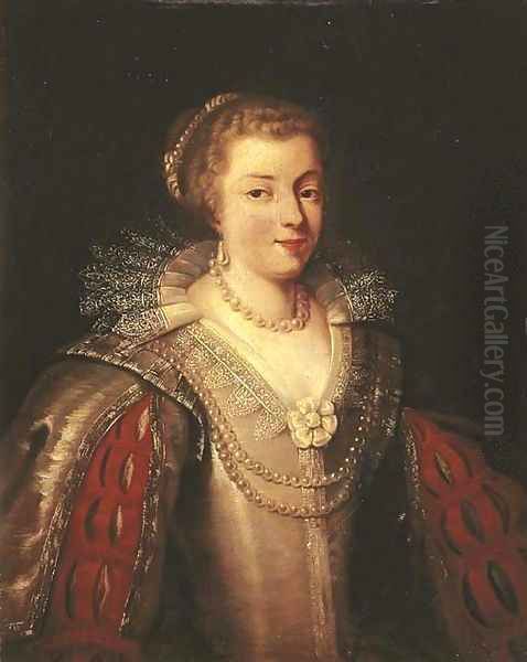 Portrait of a lady, bust-length, in a satin dress with slashed sleeves and a lace collar with a pearl necklace and earrings Oil Painting by (studio of) Rubens, Peter Paul