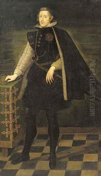 Portrait of King Philip IV of Spain, full-length, with the Order of the Golden Fleece, resting his right hand on a table Oil Painting by (studio of) Rubens, Peter Paul
