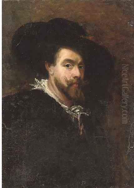 Portrait of the artist, half-length, wearing a black hat Oil Painting by (studio of) Rubens, Peter Paul