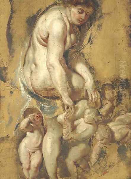 The Birth of the Rose Venus pulling a thorn from her foot, attended by Putti Oil Painting by (studio of) Rubens, Peter Paul
