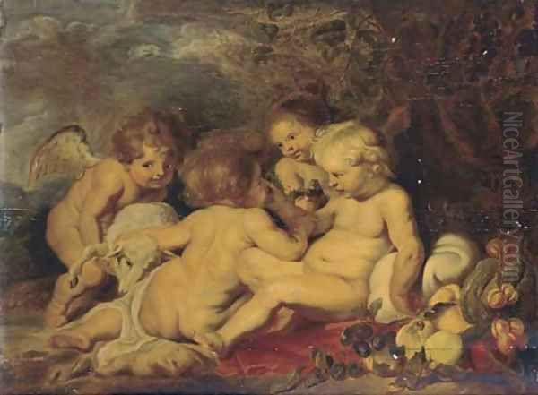 The Christ Child and the Intant Saint John the Baptist with putti in a wooded clearing Oil Painting by (studio of) Rubens, Peter Paul