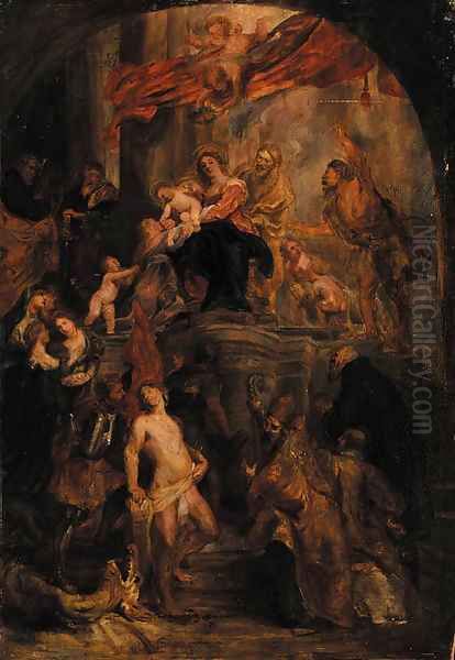 The Virgin and Child enthroned Oil Painting by (studio of) Rubens, Peter Paul
