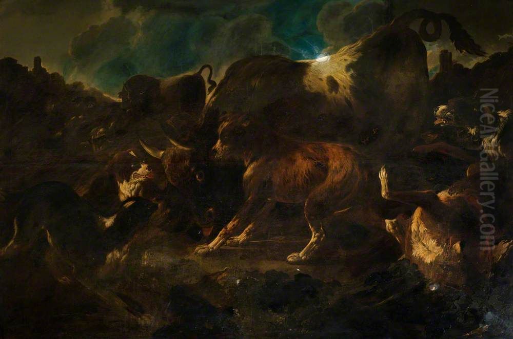 Hounds attacking a bull Oil Painting by Philipp Peter Roos
