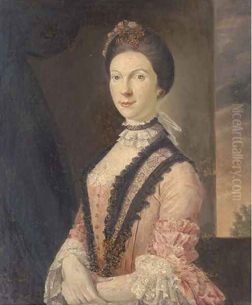 Portrait of a lady, half-length, in a pink dress with lace trim, on a terrace Oil Painting by Sir Joshua Reynolds