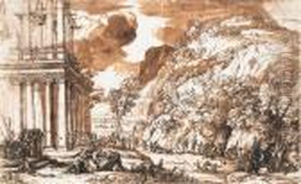 The Construction Of A Classical 
Temple, With Groups Of Astrologersand Architects, And A Boar Hunt In The
 Foreground Oil Painting by Pietro Da Cortona (Barrettini)