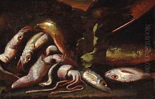 Fish and a crayfish on a coastline Oil Painting by Giuseppe Recco