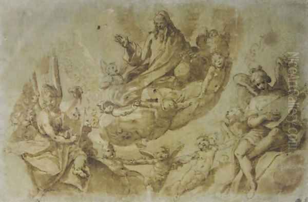 God the Father surrounded by angels and cherubim Oil Painting by Raffaello Motta (Raffaellino Da Reggio)